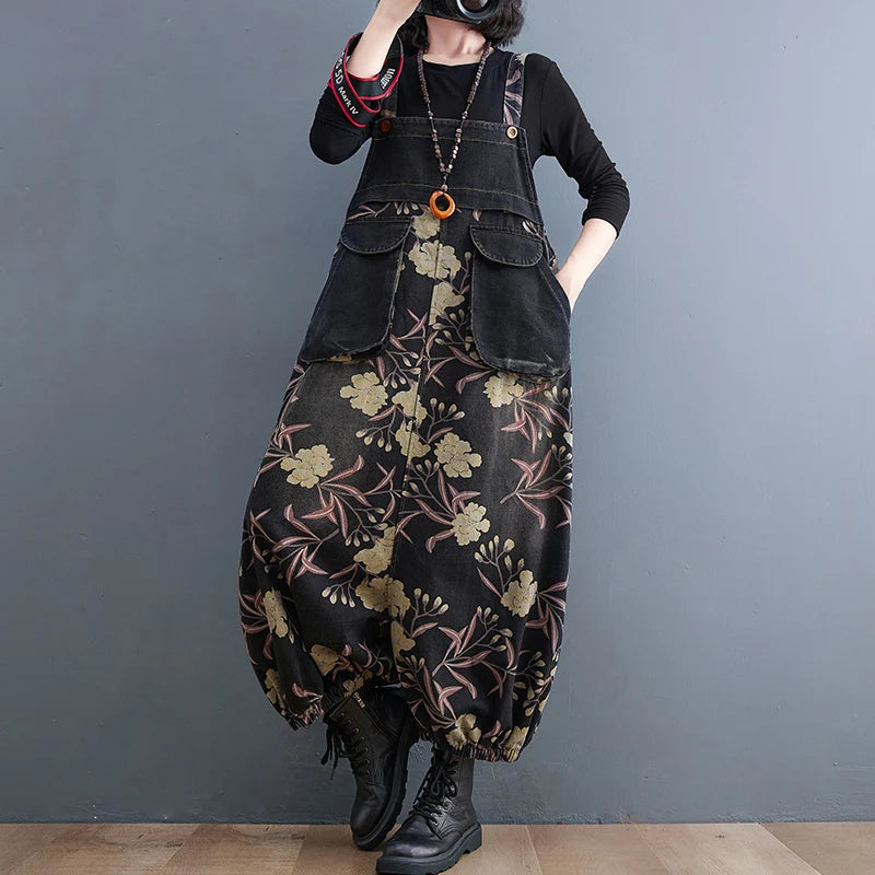 Slimming Floral Print Denim Overalls Women's Loose Fit High Waist Long Pants Autumn Season Faion plus Size Jeans Overalls