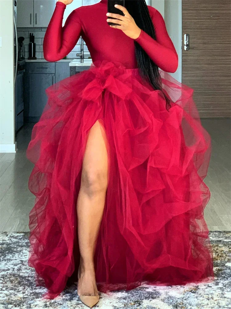Women Layered Tulle Tutu Skirts for Evening Party Wedding High Waist Long Split Skirts Ladies Princess Bridal Prom Skirts Female