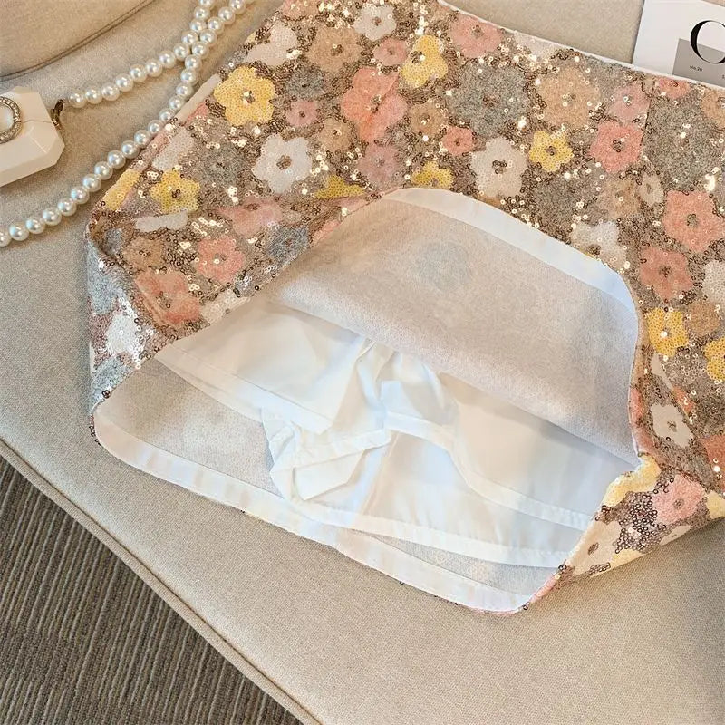Skirt Western-style high-end waist slim anti-exposure summer and autumn heavy industry silver sequined flower temperament skirt