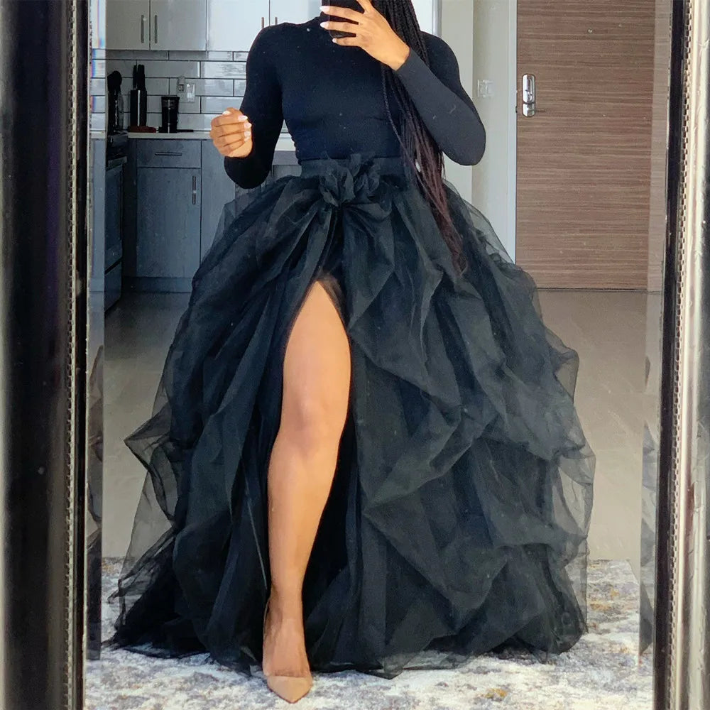 Women Layered Tulle Tutu Skirts for Evening Party Wedding High Waist Long Split Skirts Ladies Princess Bridal Prom Skirts Female