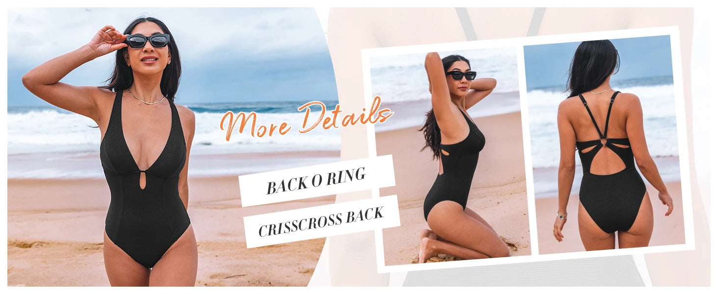 Women's One Piece Swimsuit Deep V Neck Keyhole Cutout O Ring Textured Bathing Suit