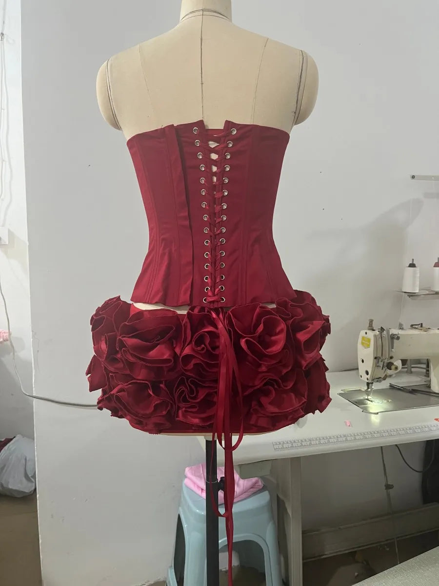 VC Christmas Dress Strapless Red Structured Top With Floral Embellished Mini Skirt Bodycon Celebrity Party Cocktail 2 Pieces Set