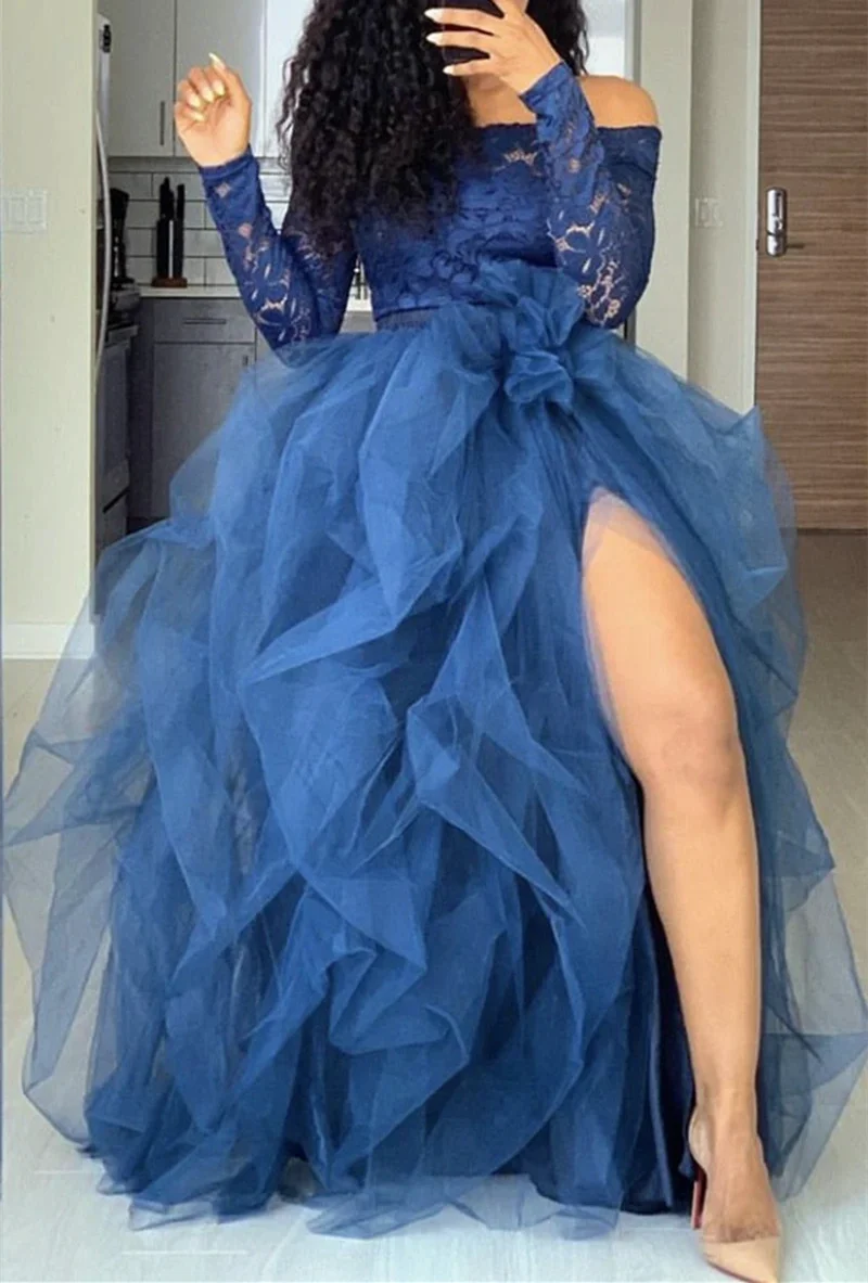 Women Layered Tulle Tutu Skirts for Evening Party Wedding High Waist Long Split Skirts Ladies Princess Bridal Prom Skirts Female