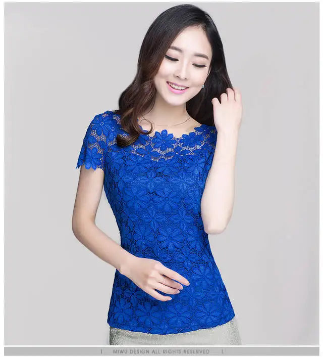 Summer Lace Women Blouse Shirt Casual Solid Hollow Clothing Top