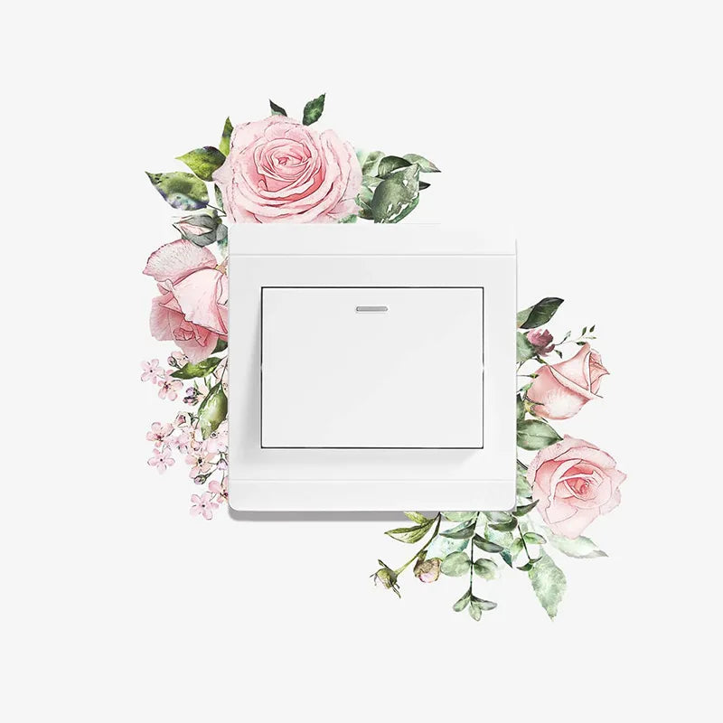1PC Pink Rose Green Leaf Sticker Decorative Switch Beautification Wall Wall Sticker Self Adhesive Waterproof Sticker