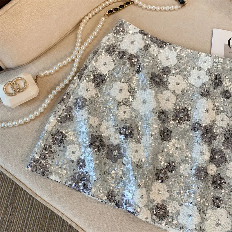 Skirt Western-style high-end waist slim anti-exposure summer and autumn heavy industry silver sequined flower temperament skirt