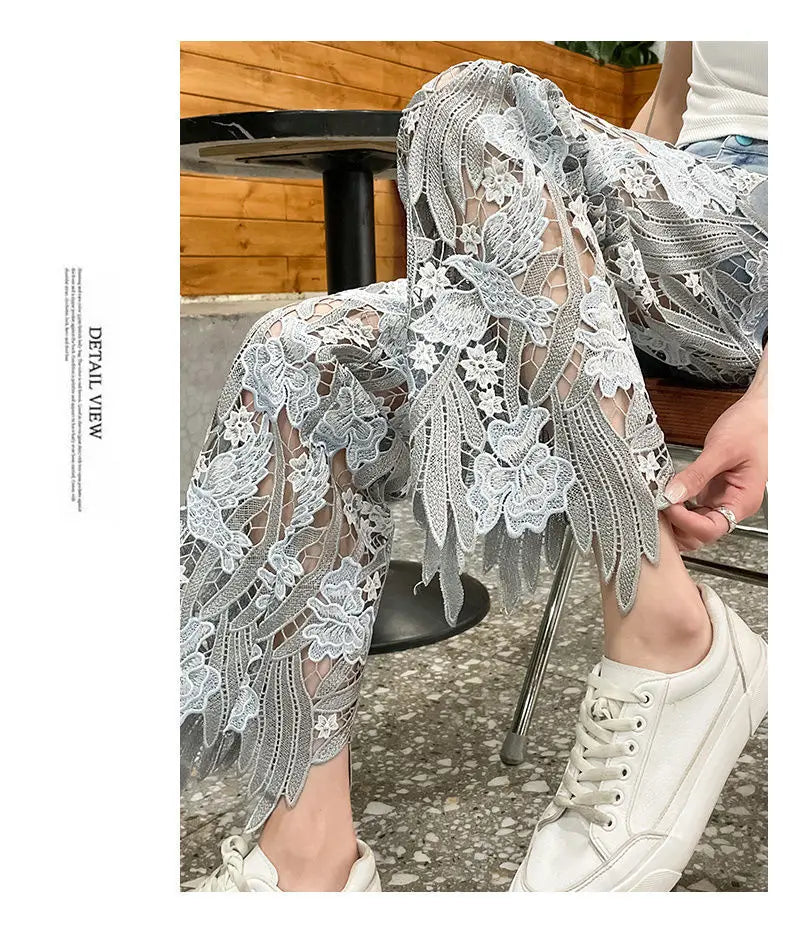 Lace Patchwork Hollow Niche Jeans Women's Summer New Fashion Straight Barrel Slim-fit Retro Casual Loose Denim Long Pants Y2k