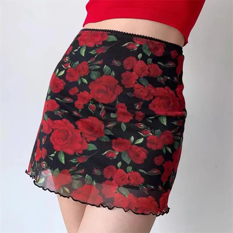 Vintage Rose Print Mini Skirt Double Layered Mesh Skirt Women High Waist A-line Harajuku Y2k Casual Fashion Short Skirt