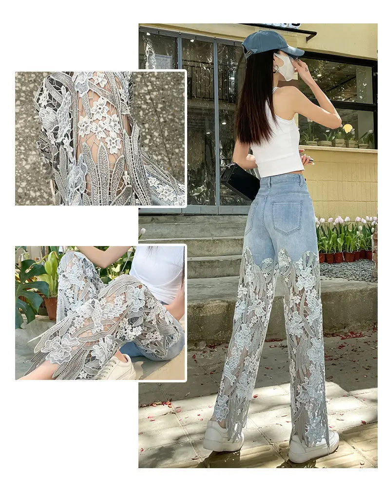 Lace Patchwork Hollow Niche Jeans Women's Summer New Fashion Straight Barrel Slim-fit Retro Casual Loose Denim Long Pants Y2k