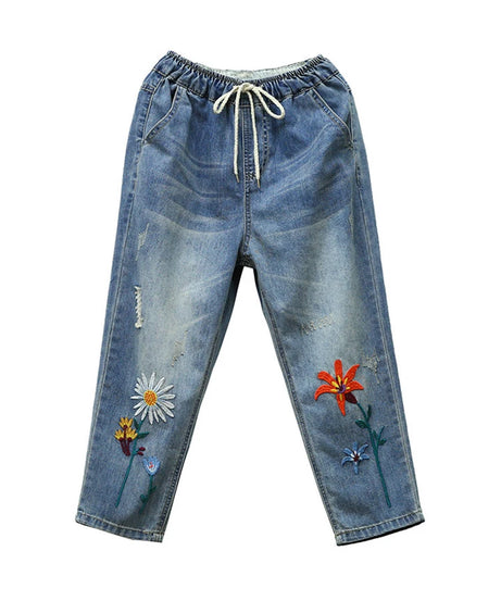AmaxluluE Summer Fashion Ladies Elastic Elegant Jeans Womens Casual Floral Embroidery Denim Trousers Females Loose Harem Pants