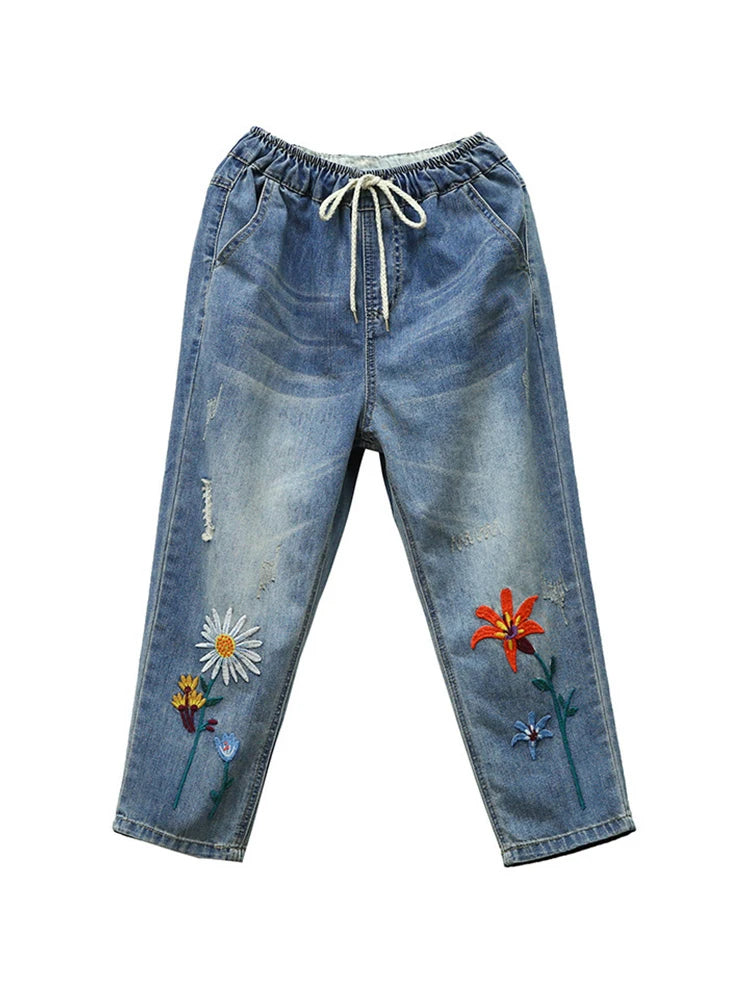 AmaxluluE Summer Fashion Ladies Elastic Elegant Jeans Womens Casual Floral Embroidery Denim Trousers Females Loose Harem Pants