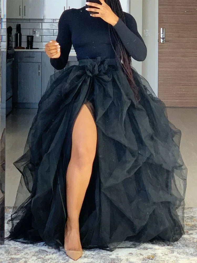 Women Layered Tulle Tutu Skirts for Evening Party Wedding High Waist Long Split Skirts Ladies Princess Bridal Prom Skirts Female