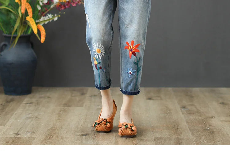 AmaxluluE Summer Fashion Ladies Elastic Elegant Jeans Womens Casual Floral Embroidery Denim Trousers Females Loose Harem Pants