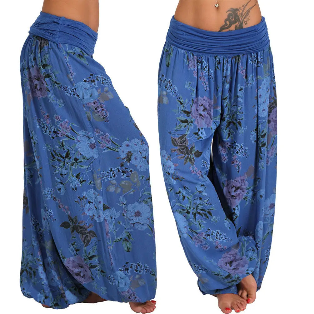 European and American women's clothing long style harem pants digital print long style wide leg pants casual pants plus size