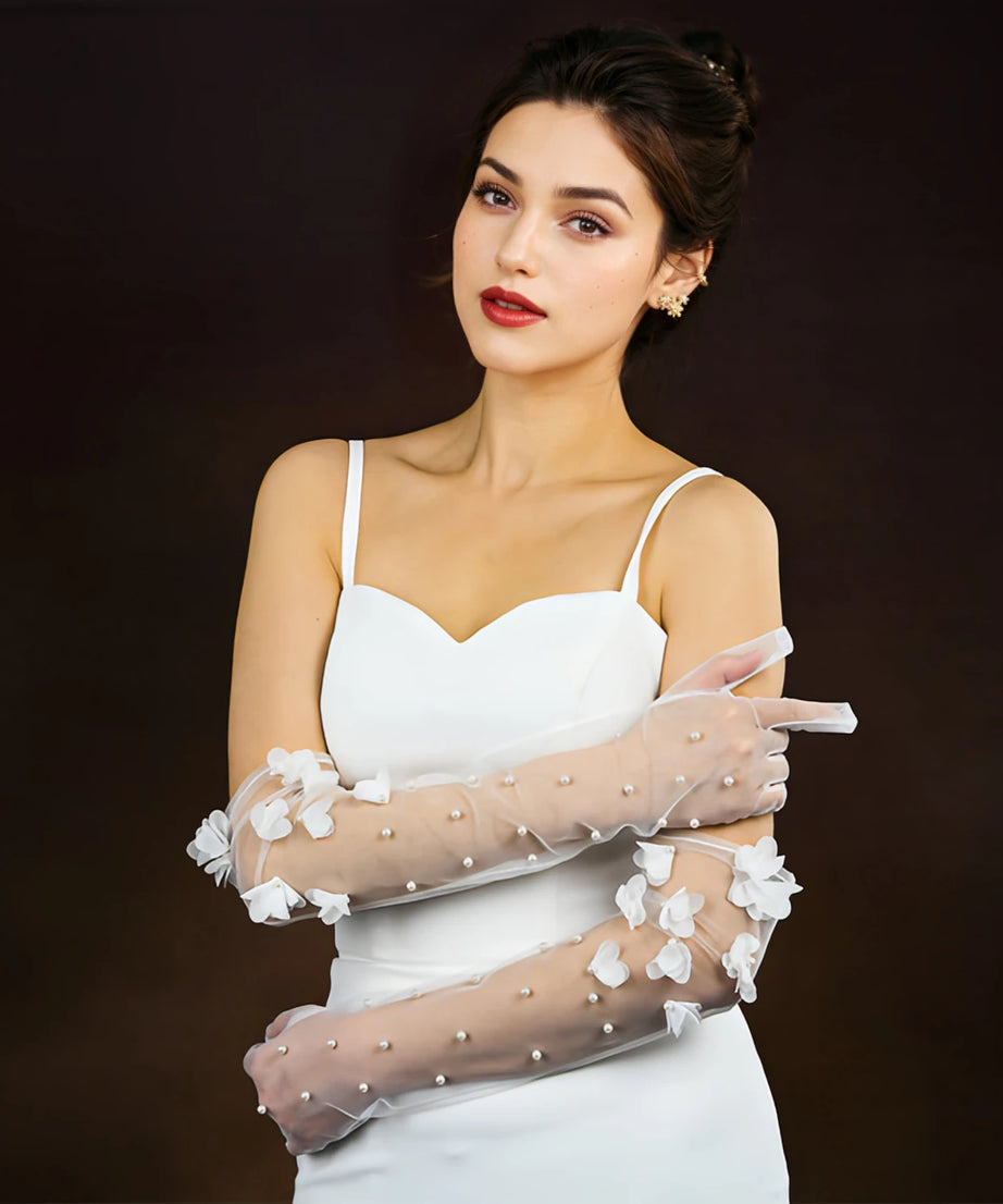 1 Pair Wedding Bride Gloves Pearls Beaded Elbow Covers Arms Sleeves Long Elegant Women Bachelorette Party Accessories  VPM09