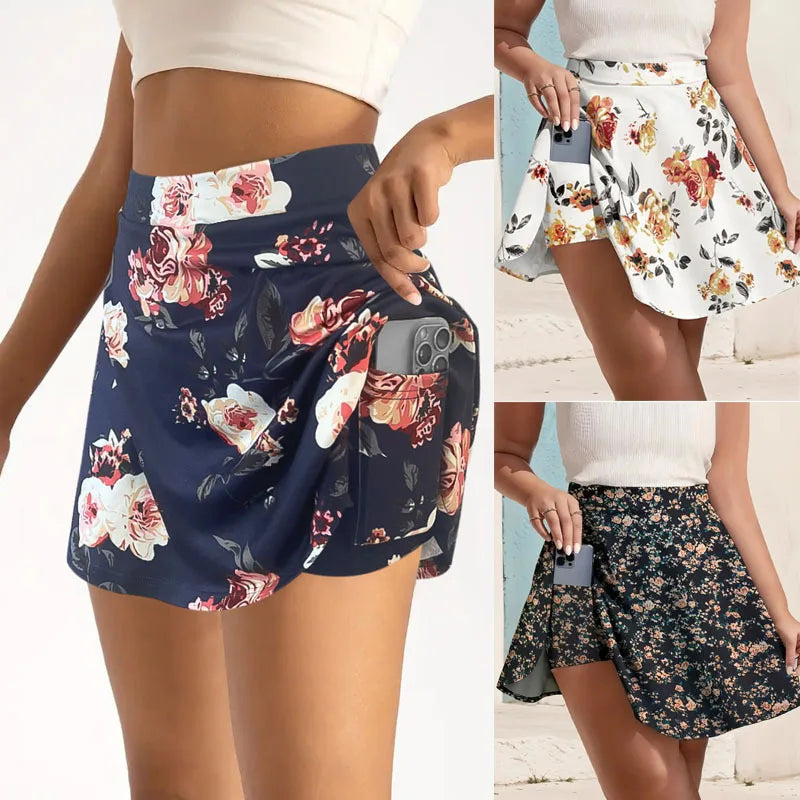 European and American cross-border floral print skirt women's summer high-waisted pleated sports skirt fake two short skirts