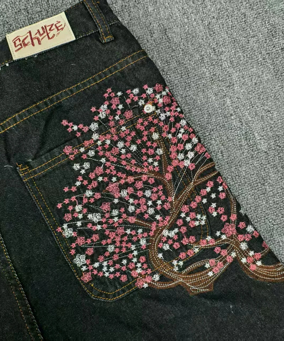Y2K 2000s Cherry Blossom Pocket Embroidery Fashion Hip Hop Loose Men And Women Clothing Retro Casual Wide Leg Streetwear
