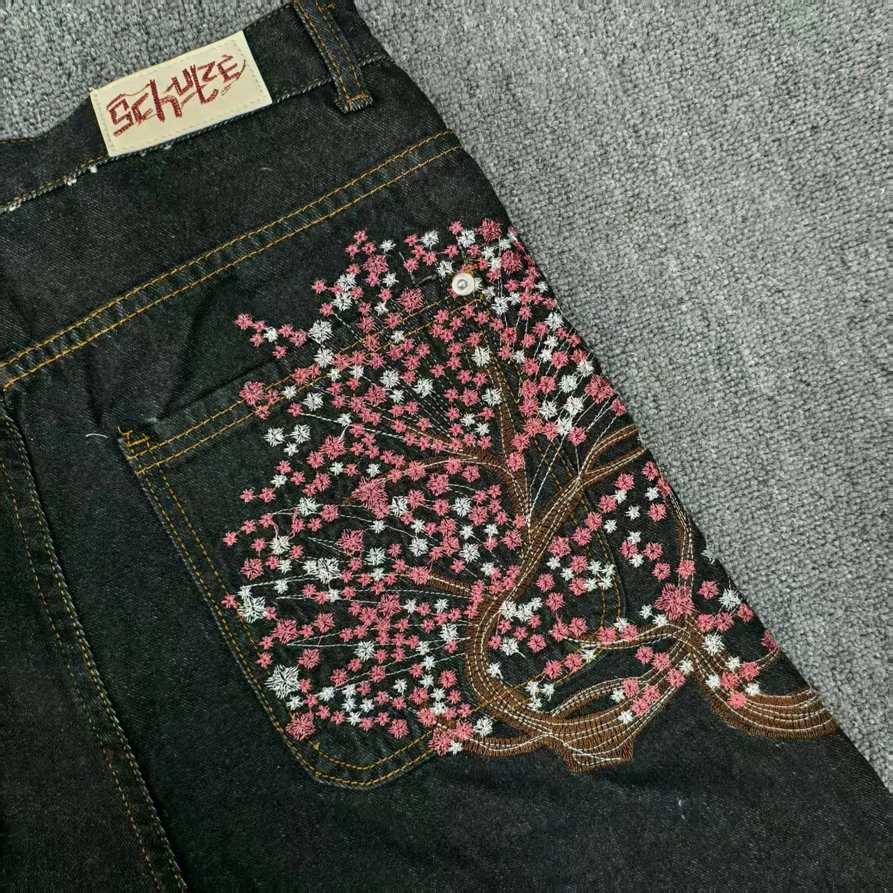 Y2K 2000s Cherry Blossom Pocket Embroidery Fashion Hip Hop Loose Men And Women Clothing Retro Casual Wide Leg Streetwear