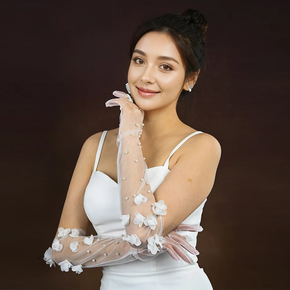 1 Pair Wedding Bride Gloves Pearls Beaded Elbow Covers Arms Sleeves Long Elegant Women Bachelorette Party Accessories  VPM09