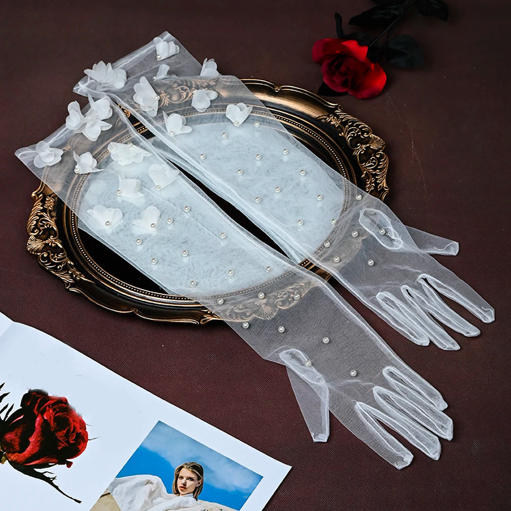 1 Pair Wedding Bride Gloves Pearls Beaded Elbow Covers Arms Sleeves Long Elegant Women Bachelorette Party Accessories  VPM09