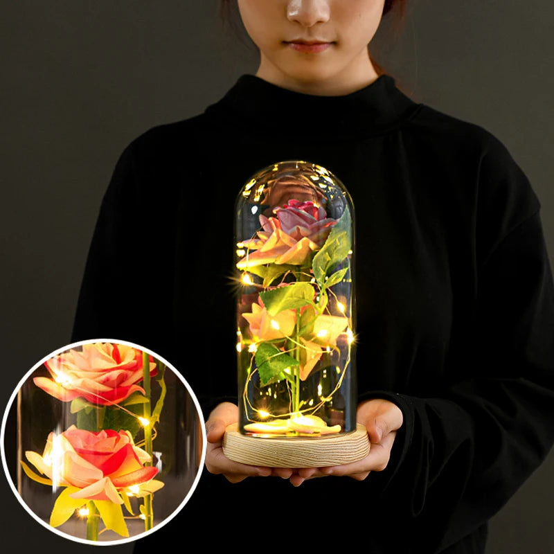 Mothers Day Gifts Party Artificial Flowers LED Rose Creative Valentine's Day Gift in Glass Glass Cover Simulation Rose Flower