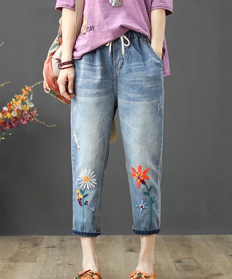 AmaxluluE Summer Fashion Ladies Elastic Elegant Jeans Womens Casual Floral Embroidery Denim Trousers Females Loose Harem Pants