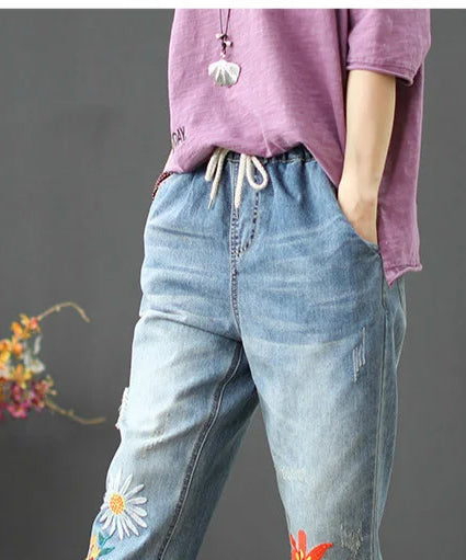 AmaxluluE Summer Fashion Ladies Elastic Elegant Jeans Womens Casual Floral Embroidery Denim Trousers Females Loose Harem Pants