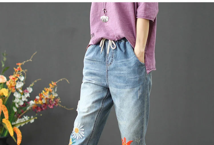AmaxluluE Summer Fashion Ladies Elastic Elegant Jeans Womens Casual Floral Embroidery Denim Trousers Females Loose Harem Pants