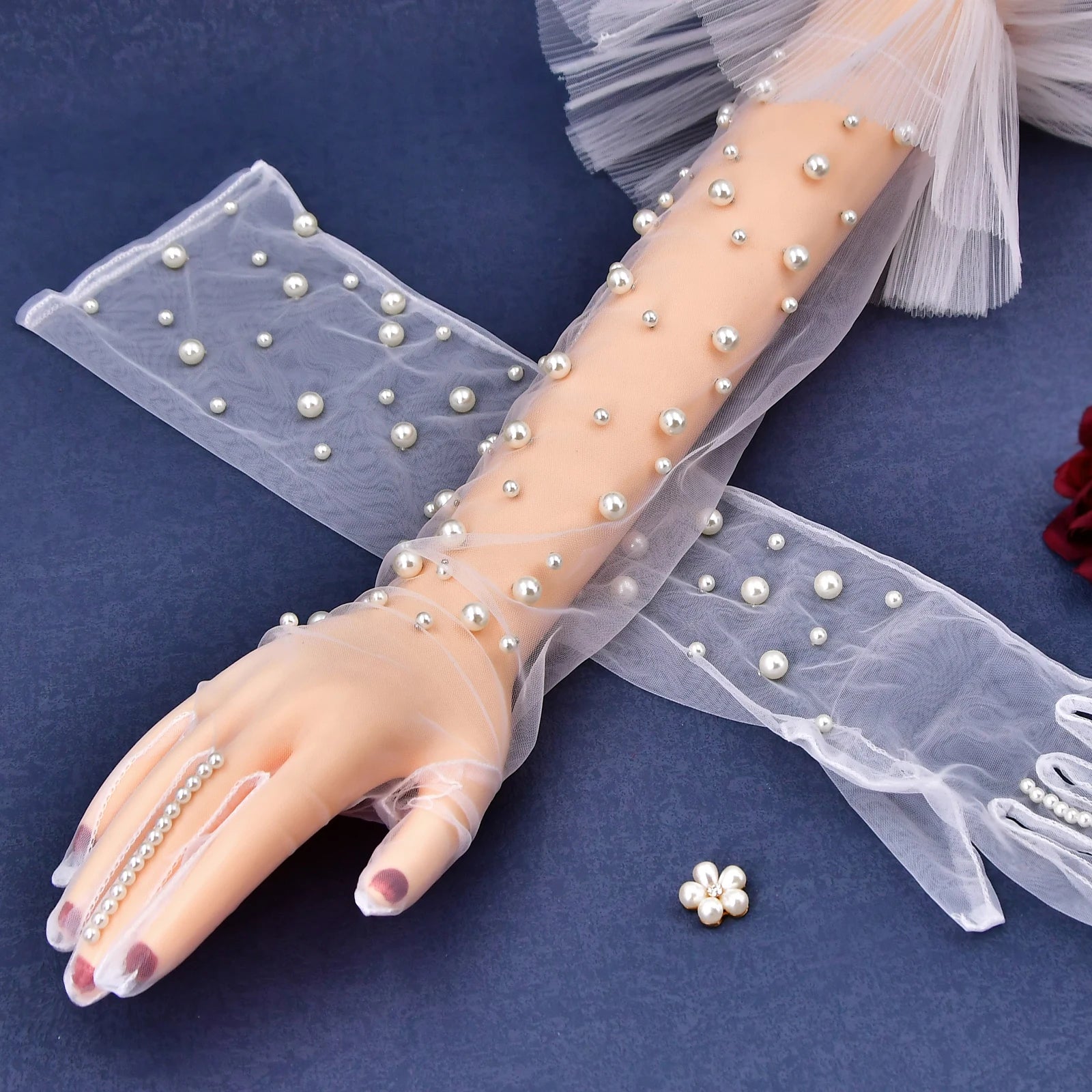 1 Pair Wedding Bride Gloves Pearls Beaded Elbow Covers Arms Sleeves Long Elegant Women Bachelorette Party Accessories  VPM09