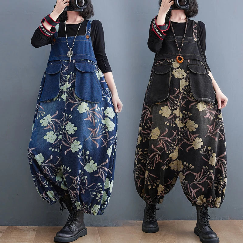 Slimming Floral Print Denim Overalls Women's Loose Fit High Waist Long Pants Autumn Season Faion plus Size Jeans Overalls