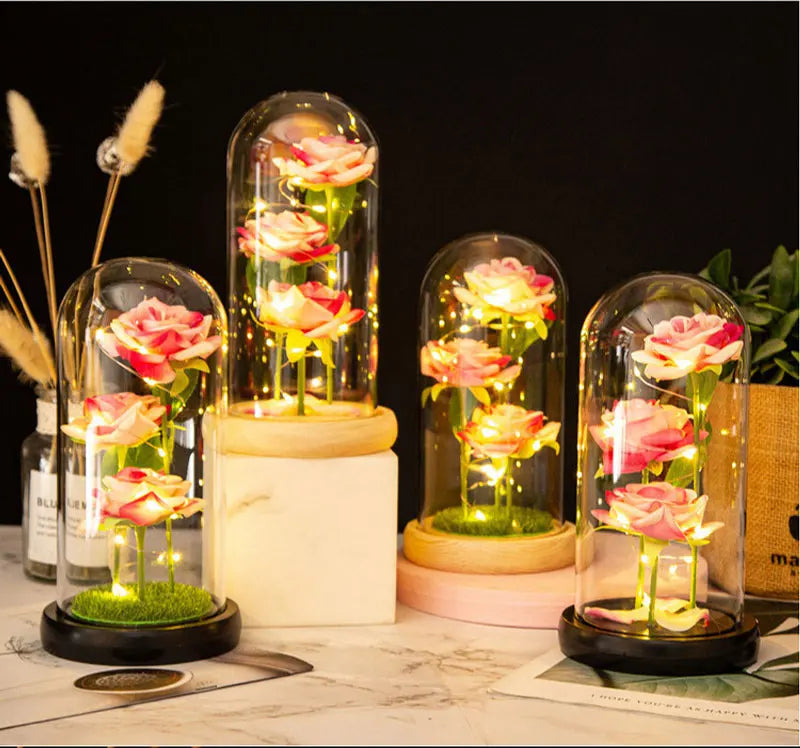 Mothers Day Gifts Party Artificial Flowers LED Rose Creative Valentine's Day Gift in Glass Glass Cover Simulation Rose Flower