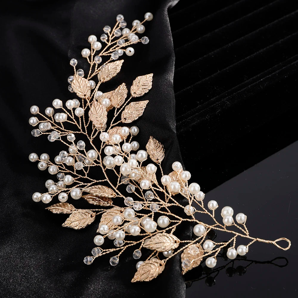 Pearl Crystal Wedding Hair Accessories Silver Gold Bridal Headband Women Jewelry Handmade Leaves Bride Party Headpiece Tiaras