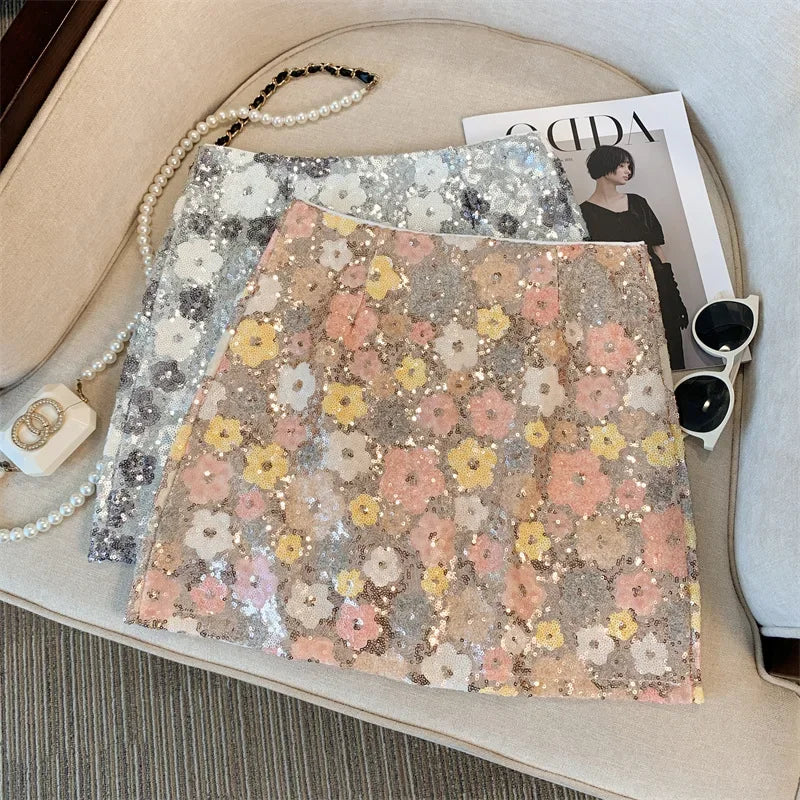 Skirt Western-style high-end waist slim anti-exposure summer and autumn heavy industry silver sequined flower temperament skirt