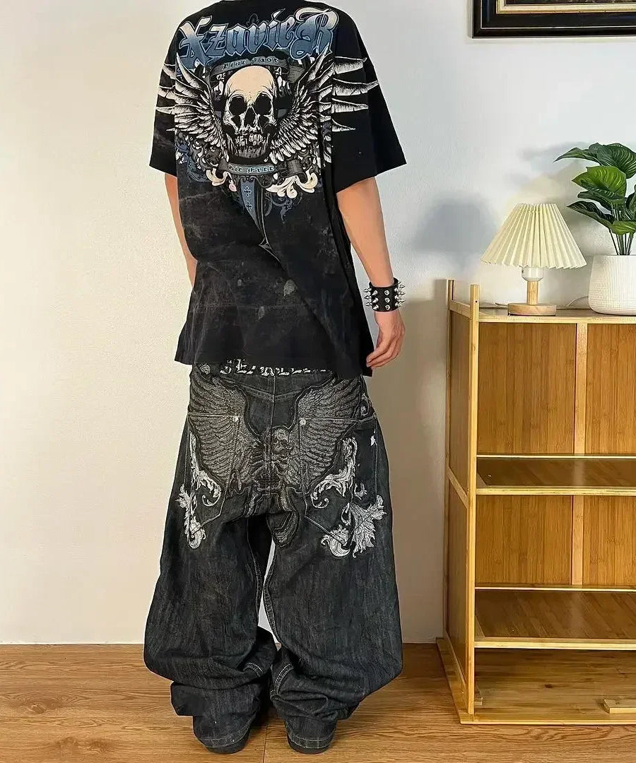 Y2K 2000s Cherry Blossom Pocket Embroidery Fashion Hip Hop Loose Men And Women Clothing Retro Casual Wide Leg Streetwear