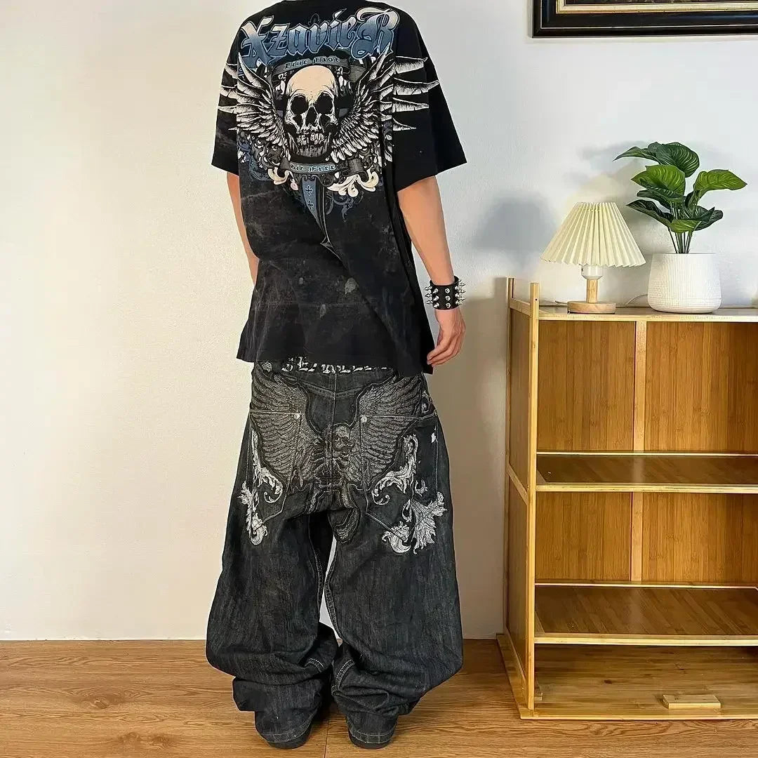 Y2K 2000s Cherry Blossom Pocket Embroidery Fashion Hip Hop Loose Men And Women Clothing Retro Casual Wide Leg Streetwear