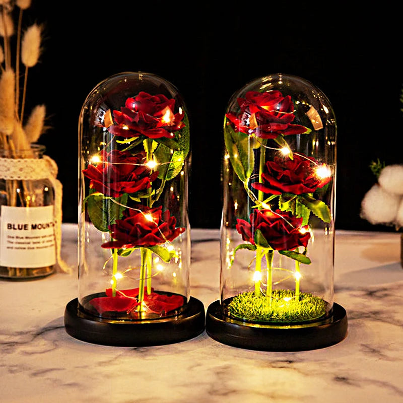 Mothers Day Gifts Party Artificial Flowers LED Rose Creative Valentine's Day Gift in Glass Glass Cover Simulation Rose Flower