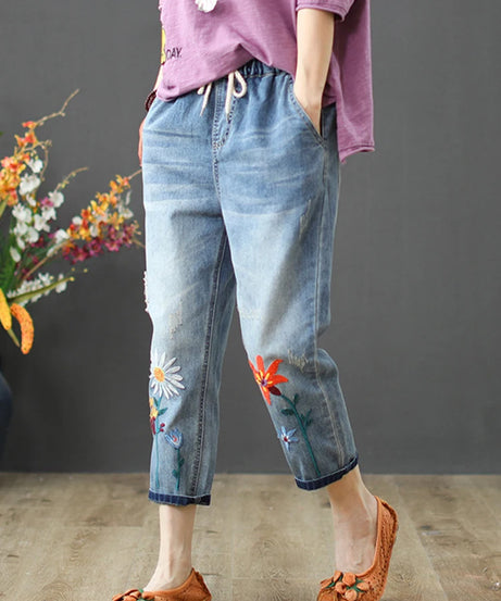 AmaxluluE Summer Fashion Ladies Elastic Elegant Jeans Womens Casual Floral Embroidery Denim Trousers Females Loose Harem Pants