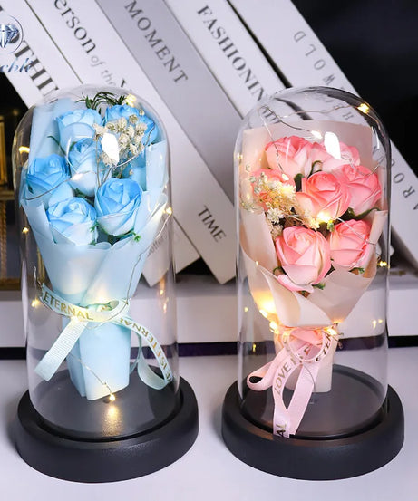 Everlasting Rose LED Glass Dome Bouquet Romantic Illuminated Ornament Perfect Valentine's Day Christmas Home Decor Romantic Gift