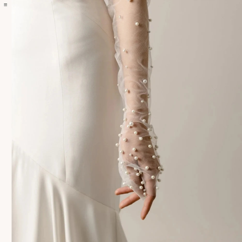 1 Pair Bridal Fingerless Pearl Gloves Wedding Sleeves Removable Shrugs for Women Summer Elegant  Bolero Shoulder Cape VPM10