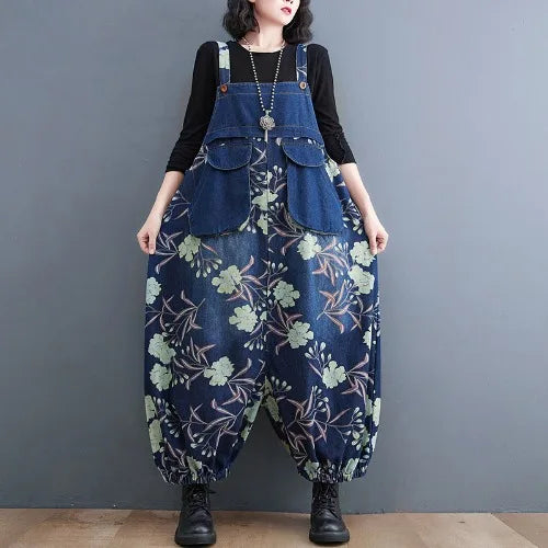 Slimming Floral Print Denim Overalls Women's Loose Fit High Waist Long Pants Autumn Season Faion plus Size Jeans Overalls