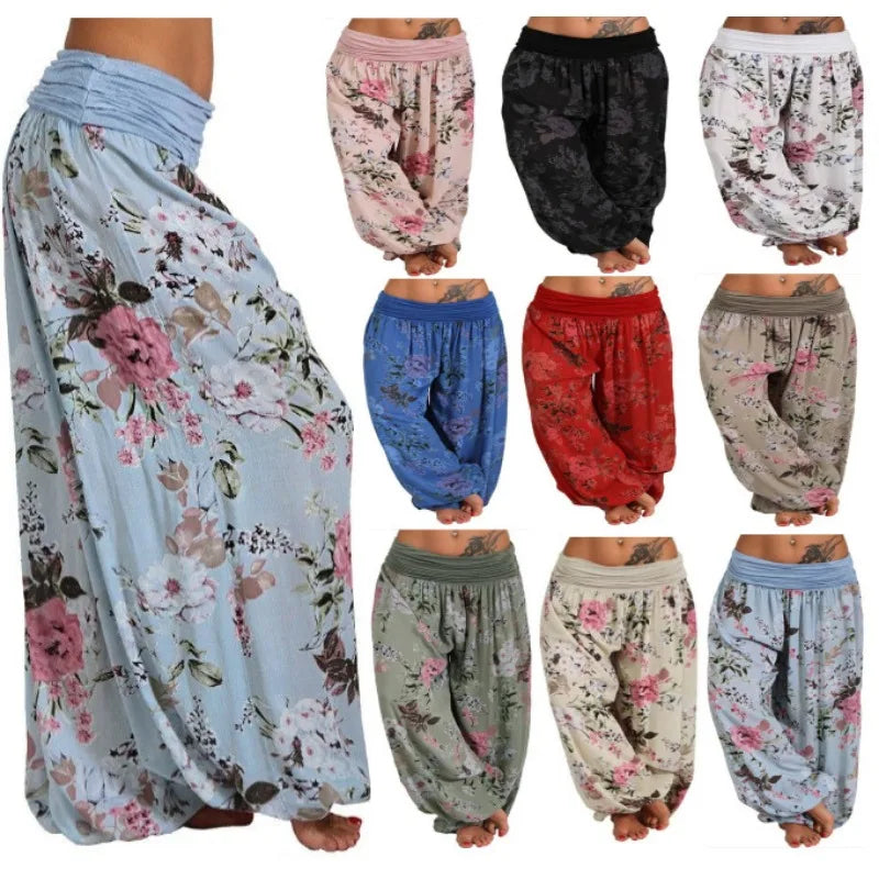 European and American women's clothing long style harem pants digital print long style wide leg pants casual pants plus size