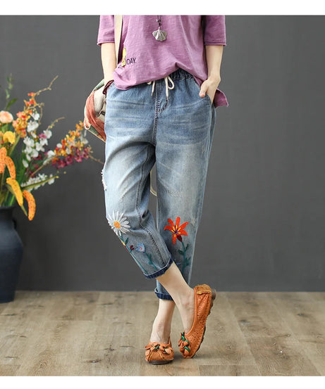 AmaxluluE Summer Fashion Ladies Elastic Elegant Jeans Womens Casual Floral Embroidery Denim Trousers Females Loose Harem Pants