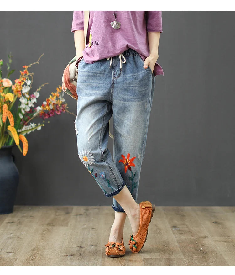 AmaxluluE Summer Fashion Ladies Elastic Elegant Jeans Womens Casual Floral Embroidery Denim Trousers Females Loose Harem Pants