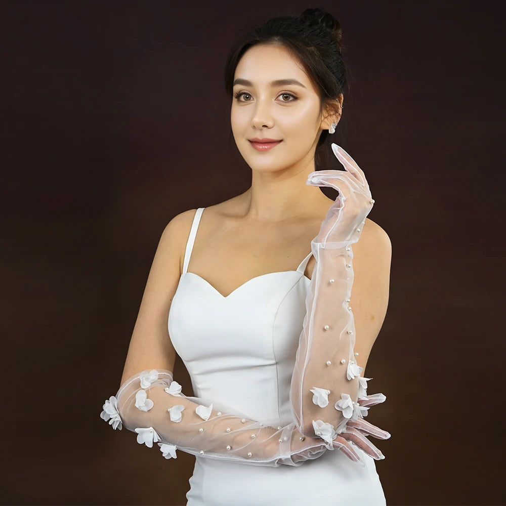 1 Pair Wedding Bride Gloves Pearls Beaded Elbow Covers Arms Sleeves Long Elegant Women Bachelorette Party Accessories  VPM09