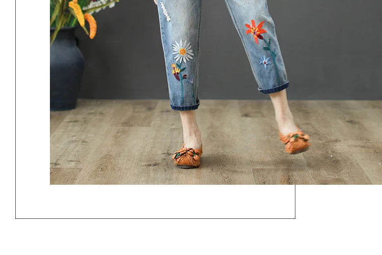 AmaxluluE Summer Fashion Ladies Elastic Elegant Jeans Womens Casual Floral Embroidery Denim Trousers Females Loose Harem Pants