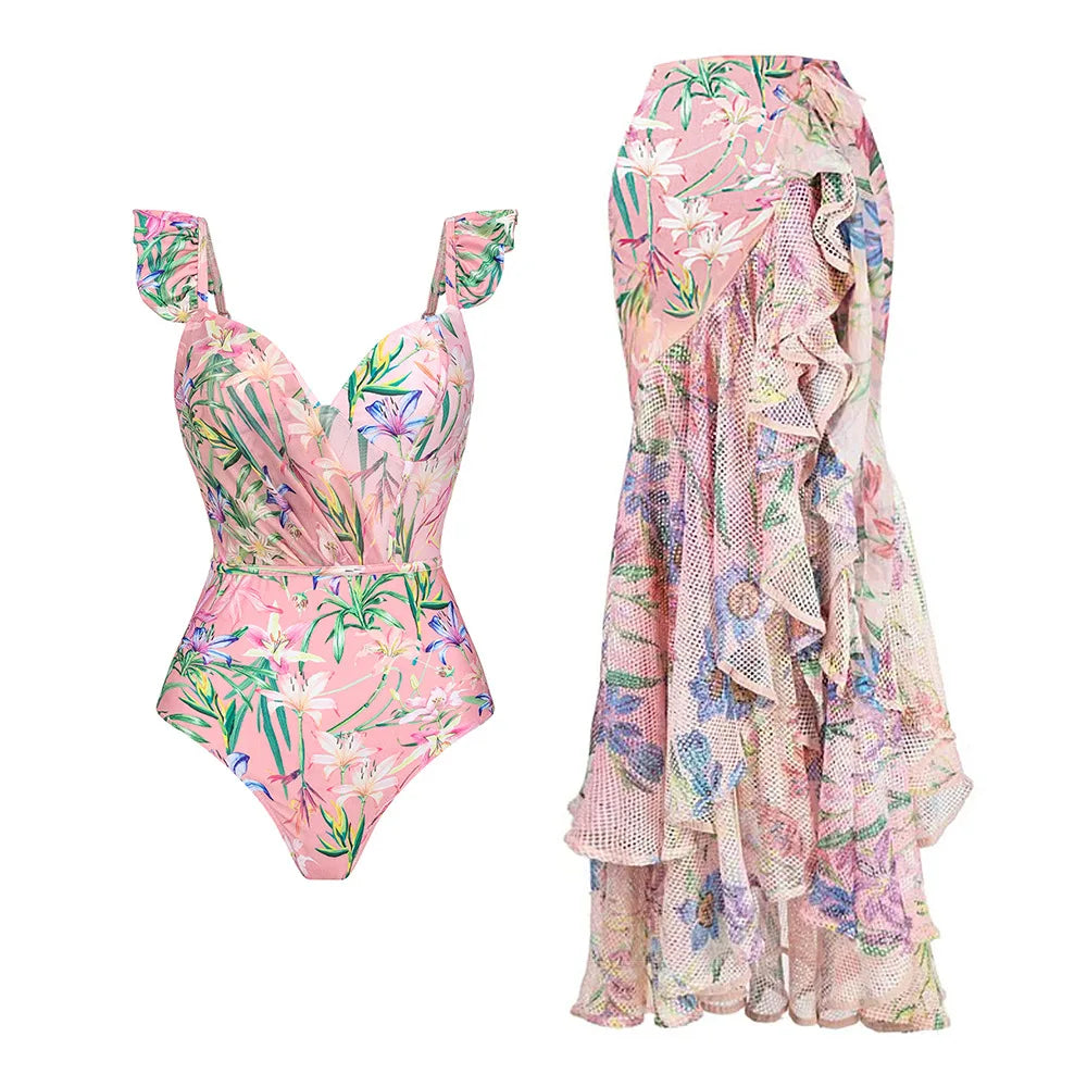 2024 High Quality One Piece Swimsuit Floral Ruffle Printed Push Up Women Bikini Set Swimwear Slimming Bathing Suit Beach Wear