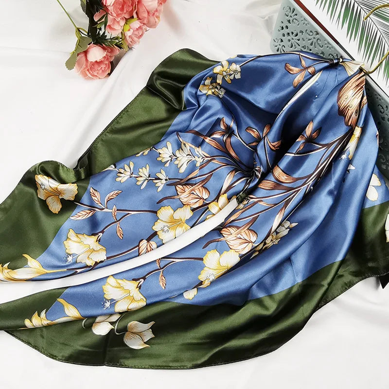 90*90cm Square Shawls and Wraps Floral Print Neck Scarf For Women Silk Satin Neck Scarfs For Ladies Bandana Head Scarves Female