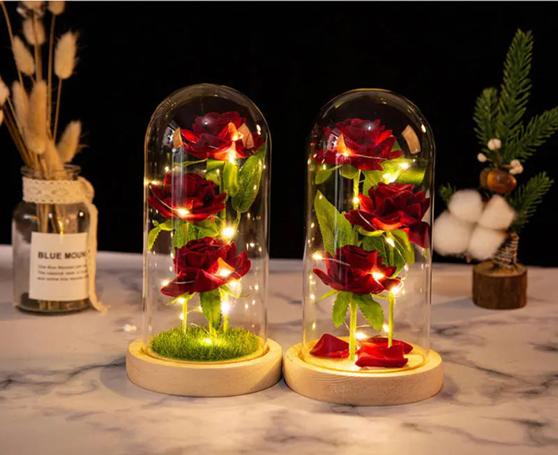 Mothers Day Gifts Party Artificial Flowers LED Rose Creative Valentine's Day Gift in Glass Glass Cover Simulation Rose Flower