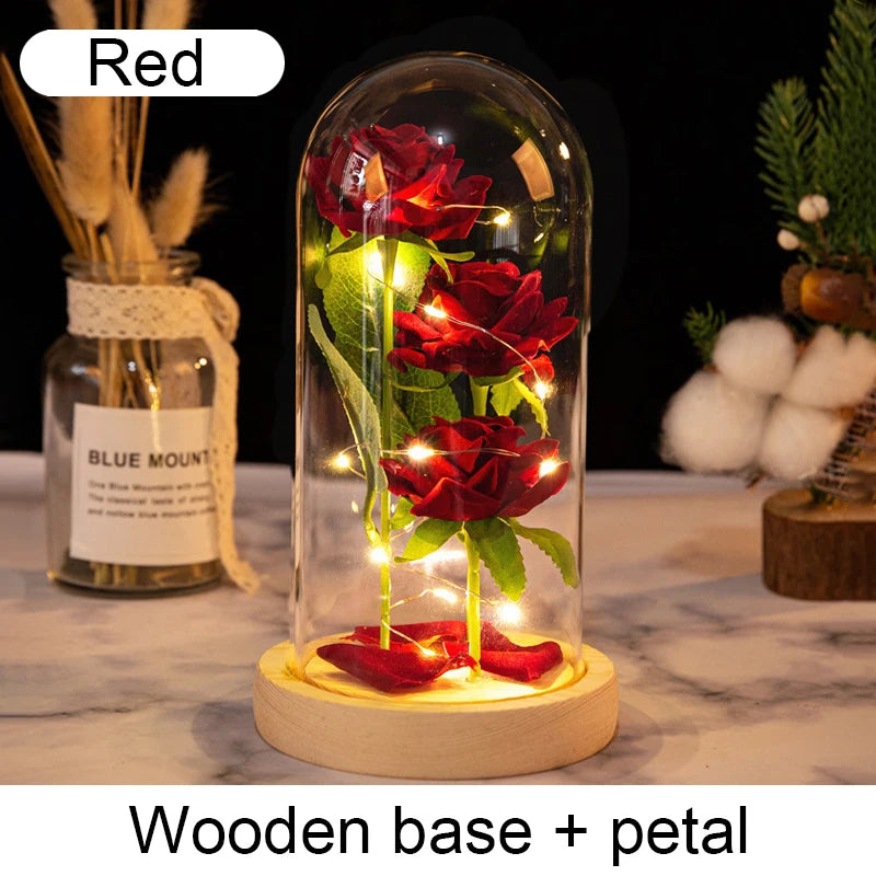 Mothers Day Gifts Party Artificial Flowers LED Rose Creative Valentine's Day Gift in Glass Glass Cover Simulation Rose Flower