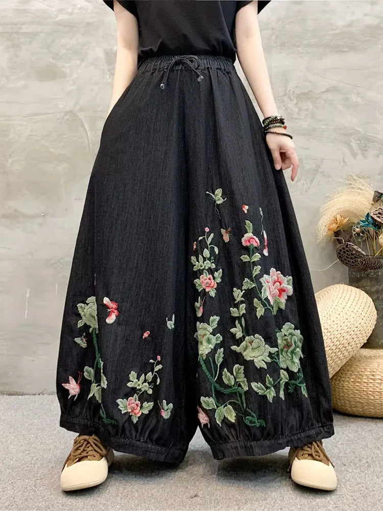 Amax luluE Summer Women Fashion Floral Jeans Oversized Denim Trousers Ladies Loose Casual Vintage Embroidery Wide Leg Pantalons